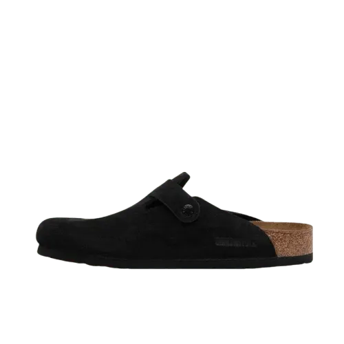 Suede Buckle Clog Mules With Cork Footbed (Black) — merchant catalogue photo