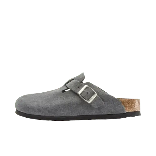 Suede Buckle Clog Mules With Cork Footbed (Grey) — merchant catalogue photo