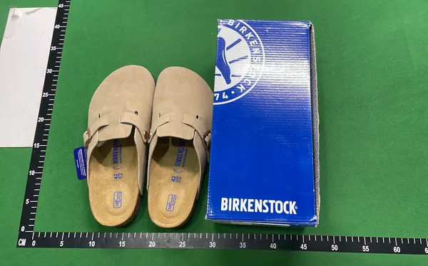 Suede Buckle Clog Mules With Cork Footbed (Beige) — warehouse QC photo 1
