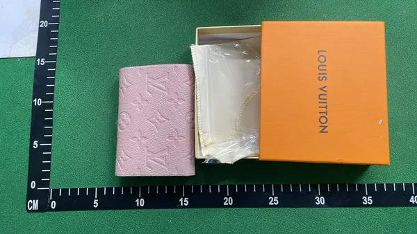 Pink Embossed Monogram Compact Flap Wallet — warehouse QC photo 3