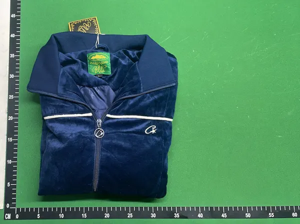 Navy Velour Track Jacket With Striped Ribbed Trim — warehouse QC photo 4
