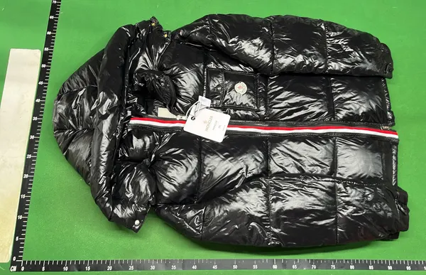 Glossy Hooded Puffer Jacket With Stripe Placket — warehouse QC photo 2