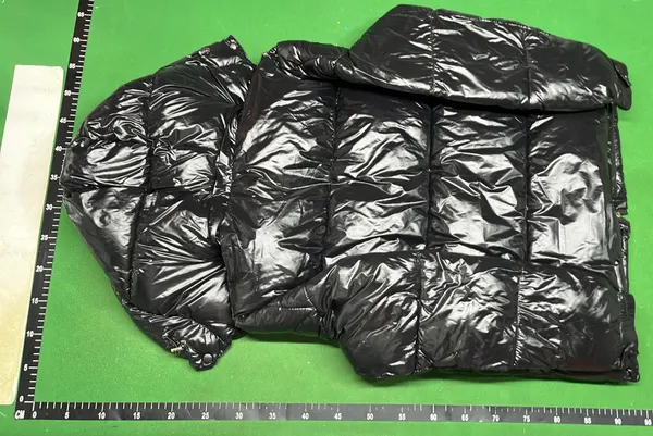 Glossy Hooded Puffer Jacket With Stripe Placket — warehouse QC photo 3