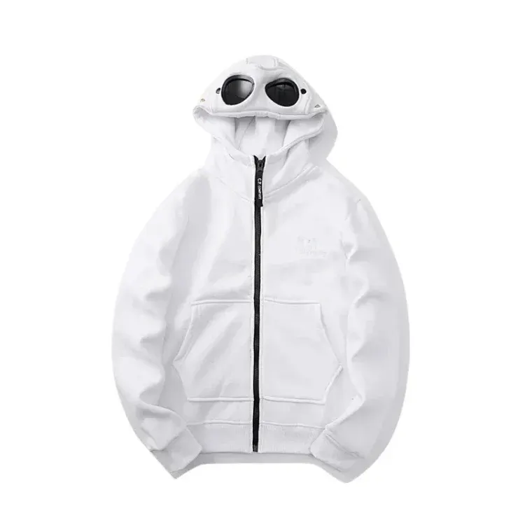 White Zip Hoodie With Twin Lens Hood — merchant catalogue photo