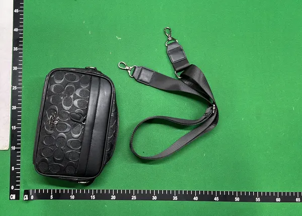 Black Embossed Crossbody Bag With Webbing Strap — warehouse QC photo 3