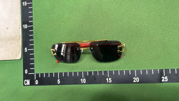 Gold Rimless Square Sunglasses With Wood Arms — warehouse QC photo 1