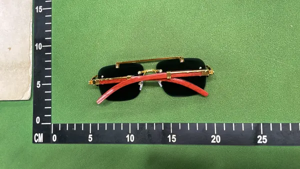 Gold Rimless Square Sunglasses With Wood Arms — warehouse QC photo 2