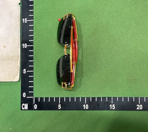 Gold Rimless Square Sunglasses With Wood Arms — warehouse QC photo 3
