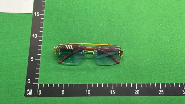 Gold Rimless Square Sunglasses With Wood Arms — warehouse QC photo 6