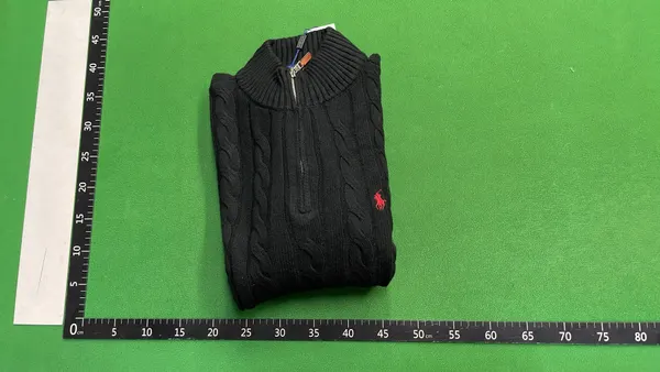 Black Cable Knit Sweater With Ribbed Trim — warehouse QC photo 4
