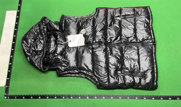 Black Glossy Hooded Puffer Vest — warehouse QC photo 2