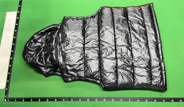 Black Glossy Hooded Puffer Vest — warehouse QC photo 3