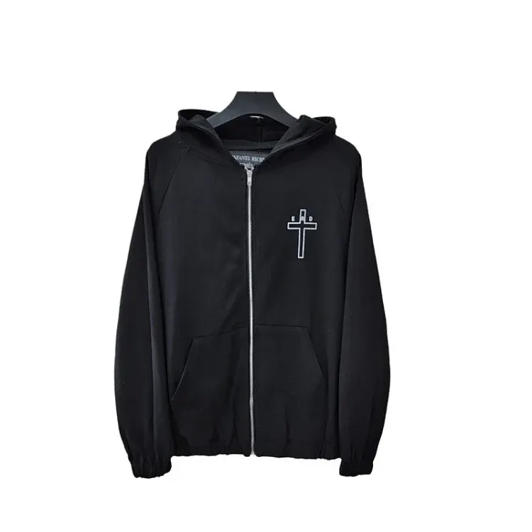 Black Zip-Up Hoodie With Cross Chest Graphic — merchant catalogue photo