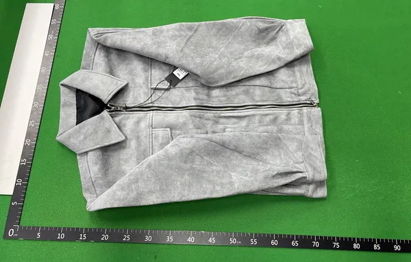 Grey Faux Suede Zip Trucker Jacket — warehouse QC photo 6