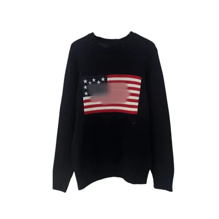 Navy Knit Crewneck Sweater With Flag Motif — merchant catalogue photo