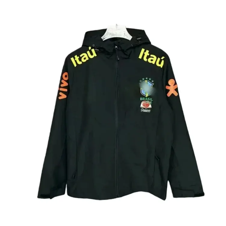Black Hooded Windbreaker With Embroidered Chest Crest — merchant catalogue photo
