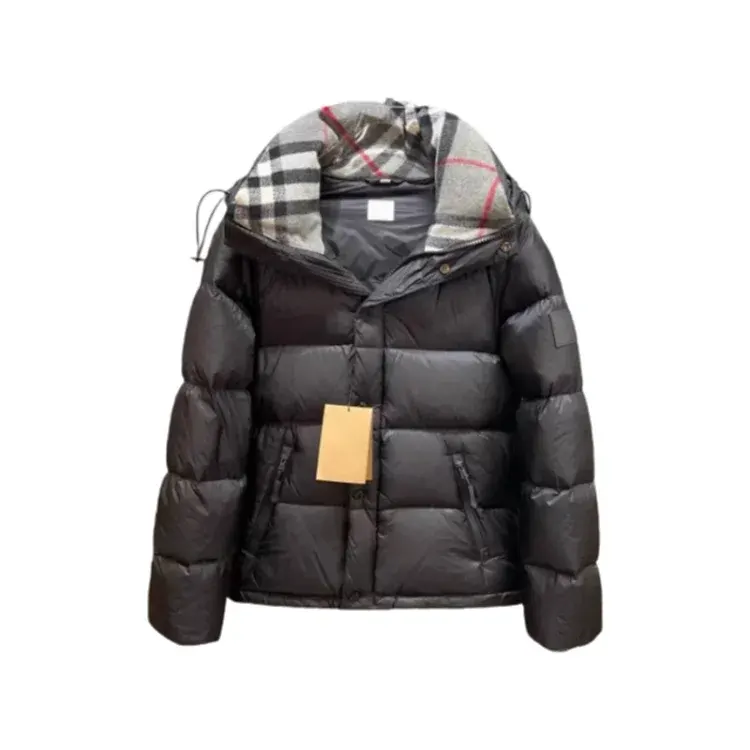 Black Hooded Puffer Jacket With Check Lined Hood — merchant catalogue photo
