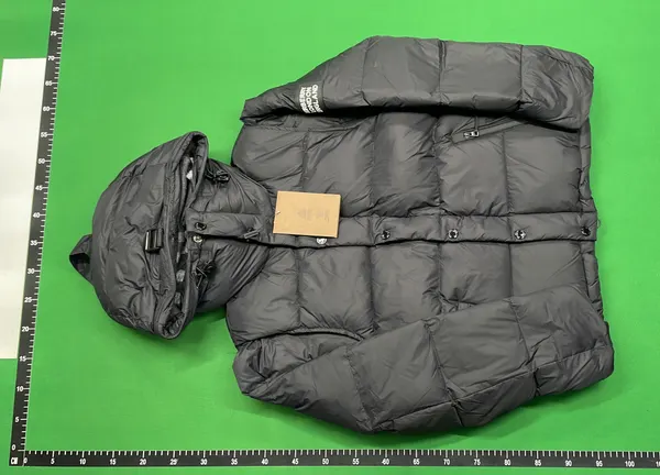 Black Hooded Puffer Jacket With Check Lined Hood — warehouse QC photo 2