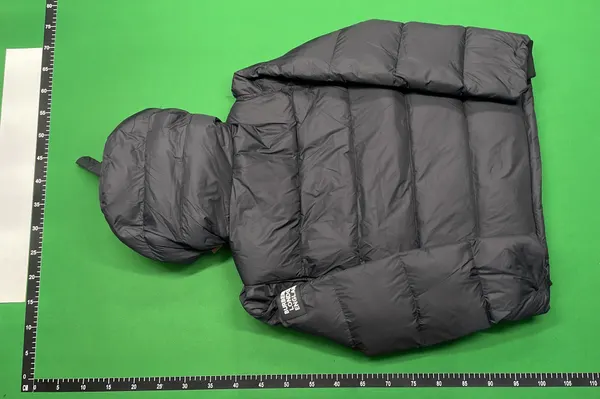 Black Hooded Puffer Jacket With Check Lined Hood — warehouse QC photo 3