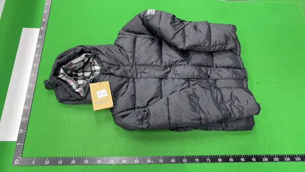 Black Hooded Puffer Jacket With Check Lined Hood — warehouse QC photo 6