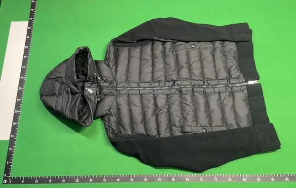 Black Padded Hooded Jacket With Knit Sleeves — warehouse QC photo 2