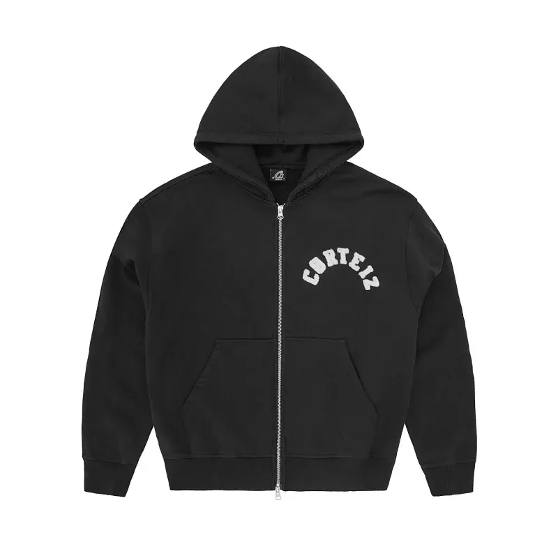 Black Zip-Up Hoodie With Arched Chest Lettering — merchant catalogue photo