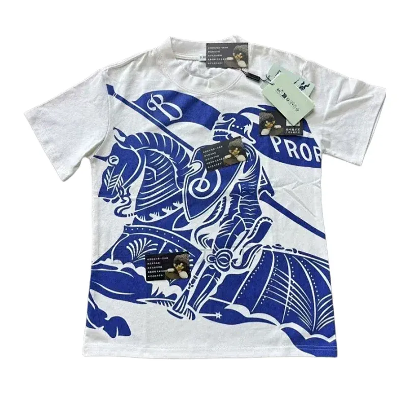 White Tee With Blue Equestrian Knight Print — merchant catalogue photo