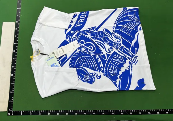 White Tee With Blue Equestrian Knight Print — warehouse QC photo 2