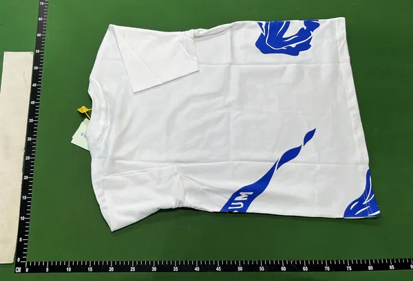 White Tee With Blue Equestrian Knight Print — warehouse QC photo 3