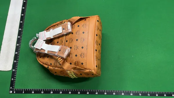 Tan Monogram Print Studded Backpack — warehouse QC photo 2
