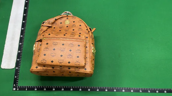 Tan Monogram Print Studded Backpack — warehouse QC photo 3