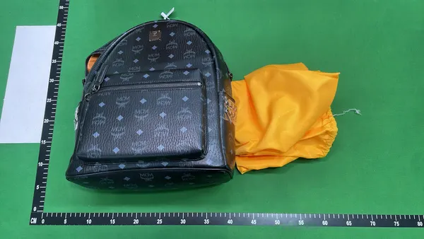 Tan Monogram Print Studded Backpack — warehouse QC photo 6