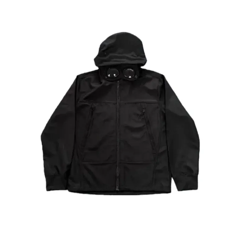 Black Hooded Softshell Jacket With Lens Detail — merchant catalogue photo