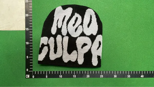 Ribbed Knit Beanie With Jacquard Lettering — warehouse QC photo 1