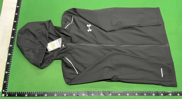 Black Hooded Full-Zip Lightweight Windbreaker — warehouse QC photo 2