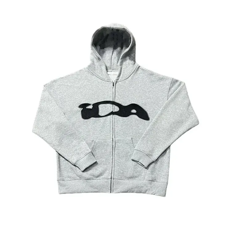 Grey Zip-Up Hoodie With Black Applique Graphic — merchant catalogue photo
