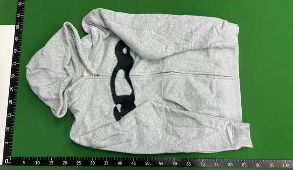 Grey Zip-Up Hoodie With Black Applique Graphic — warehouse QC photo 2